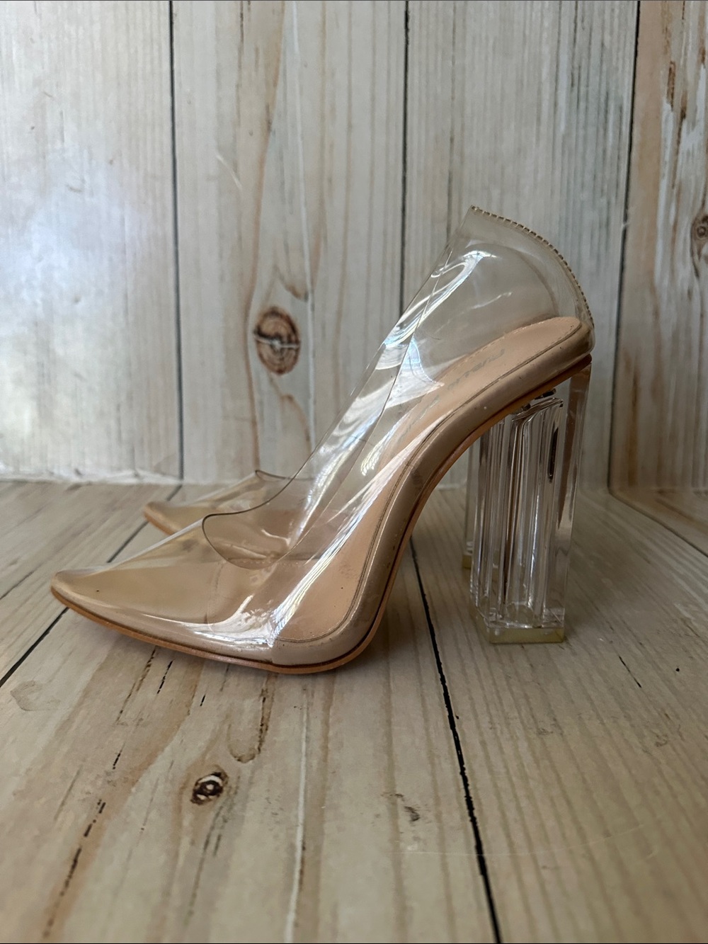 Public Desire Clear Pointed-Toe High Heel Pump in Nude